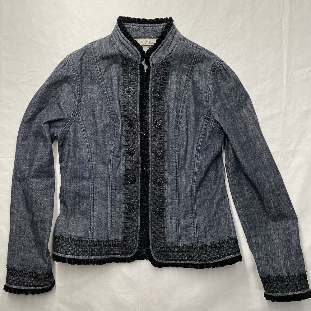 Chicos Platinum Denim Jacket‎ Black Velvet Embellished Rhinestone Hook Closure